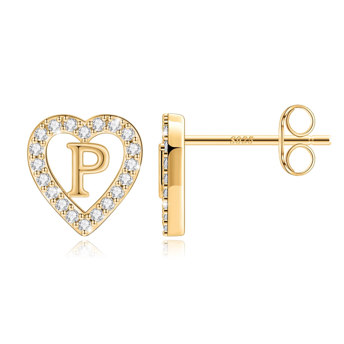 Anoup Heart Initial Stud Earrings - Gifts for Girls, Sterling Silver Post 14K Gold Plated All Over Hypoallergenic | CZ Simulated Diamond Stud Earrings | Birthday Gifts for Kids Toddlers Daughter
