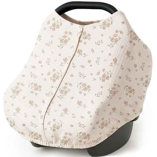 Konssy Car Seat Cover for Baby, Muslin Cotton Button Open Stroller Canopy for Babies Shower Gifts and Registry Search, Breathable Infant Sunshade Cover, Must Have for Unisex Boys and Girls, Fog Green