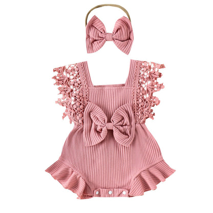 Newborn Baby Girl Lace Romper Ruffle Sleeveless Backless One Piece Jumpsuit Bodysuit with Headband Summer Clothes
