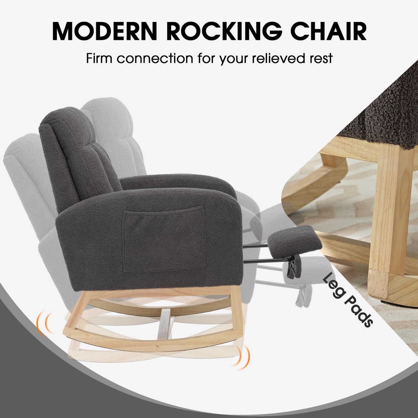 NIOIIKIT Modern Nursery Rocking Chair, Teddy Upholstered Rocking Chair with Footrest, Comfortable Glider Rocker with Side Pocket for Living Room, Bedroom, Nursing Room (Beige)