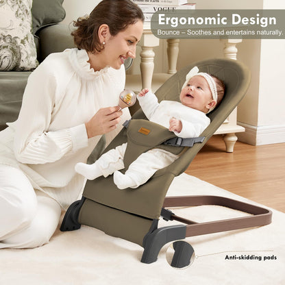 Foldable Baby Bouncer, Baby Seat with 3 Adjustable Heights, Portable Newborn Rocker, Ergonomic Bouncy Seat for Natural Bounce, Bouncer for Babies 0-6 Months, Soft Cotton (Beige)