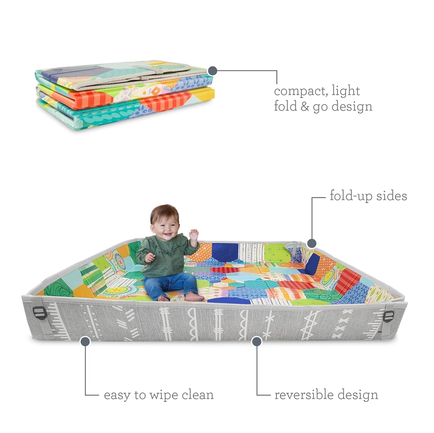 Infantino Foldable Soft Foam Mat, Extra Large Double-Sided Cushioned Portable Play Mat with Fold-Up Sides, Non Slip Crawling & Playing for Infants and Toddlers, Rainbows