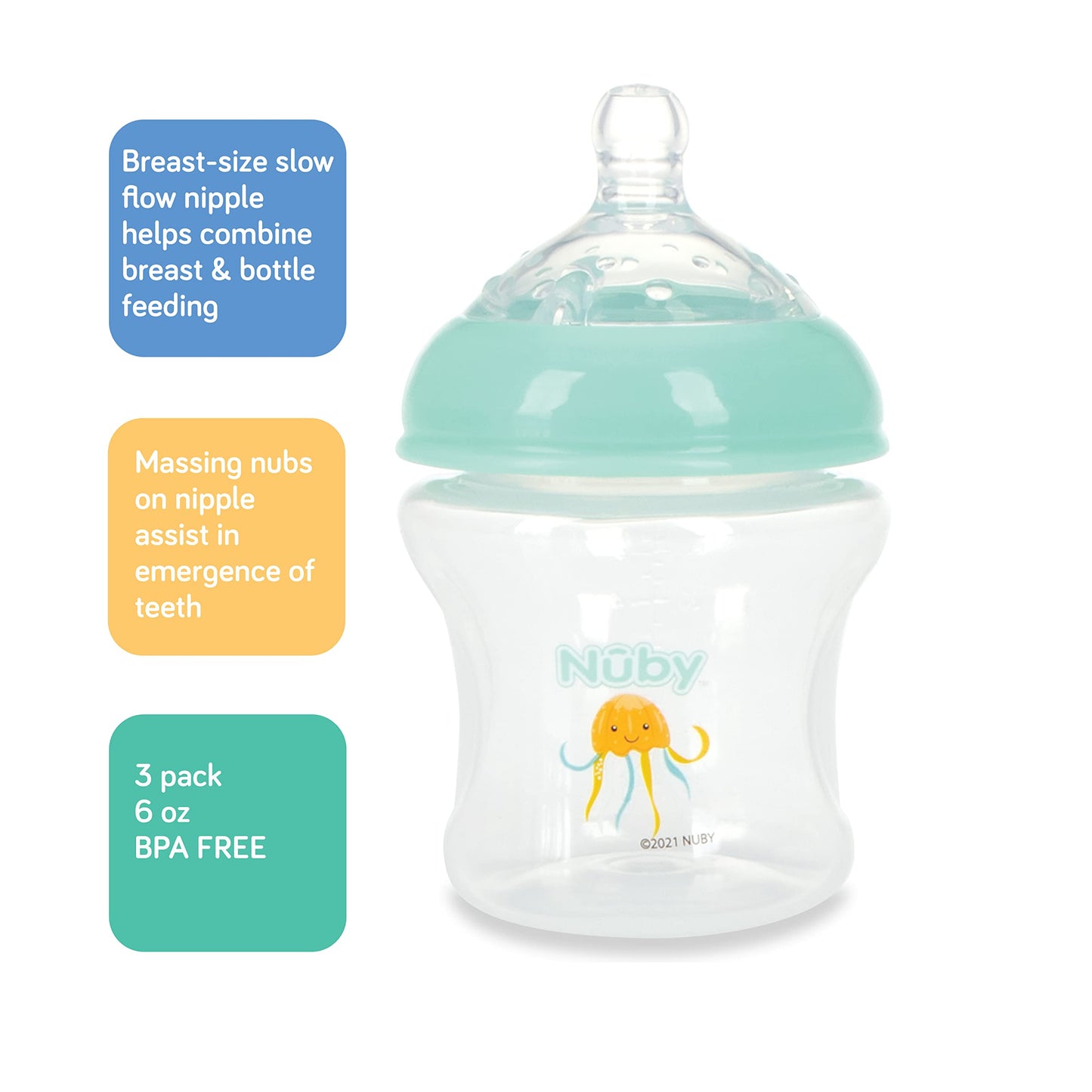 Nuby 3-Pack Infant Feeding Bottles with Slow Flow Breast Size Silicone Nipple: 0+ Months, 6oz, 3 Pack Set: Delicate Star, Rainbow, Butterfly Prints