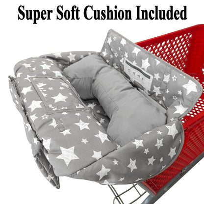 Soft Pillow Attached 2-in-1 Shopping Cart and High Chair Cover for Baby, Cotton Padded Cart Cover, Fold'n Roll Style, Portable with Carry Bag (Blue Elephant)