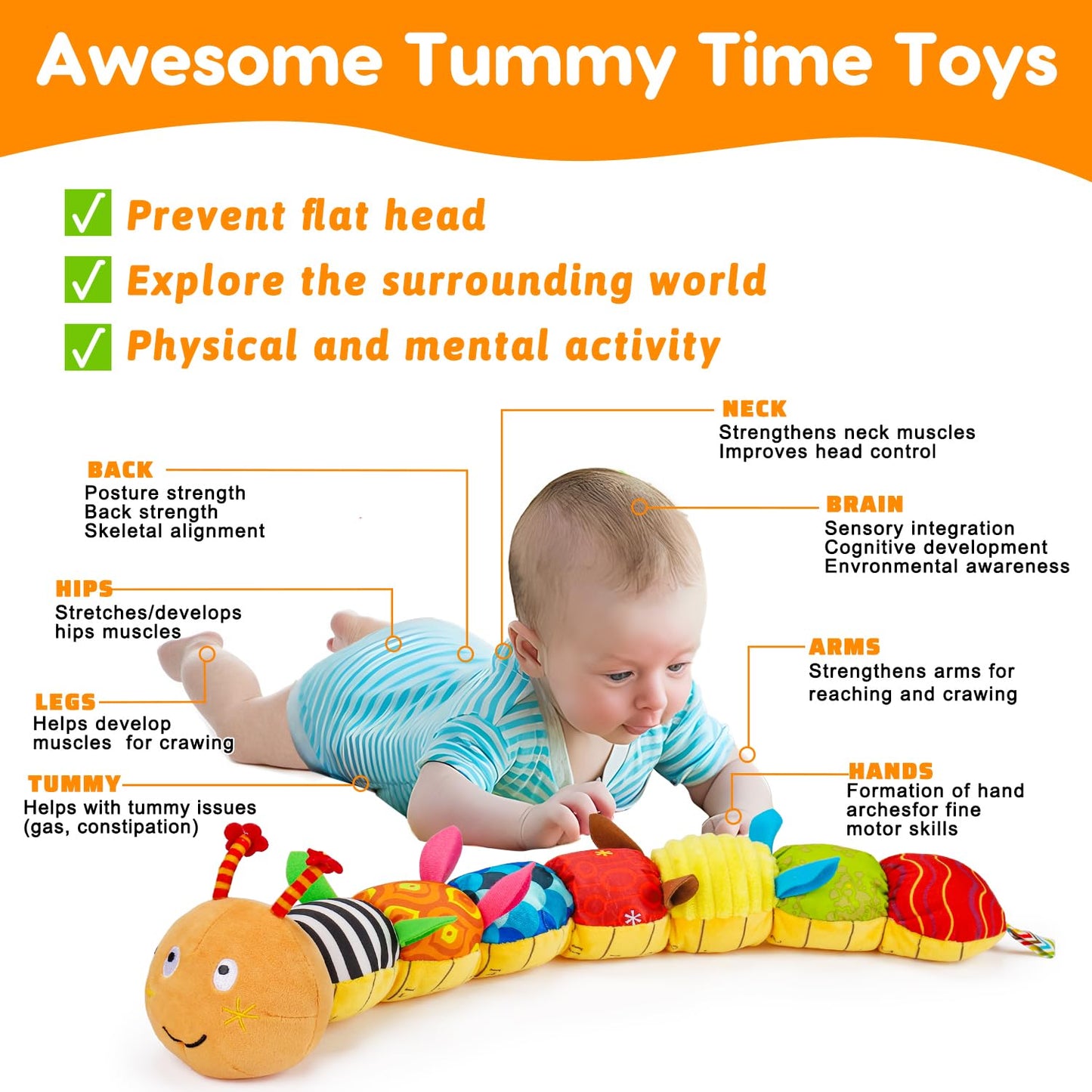Baby Sensory Toy 0-6 Month Music Animal Stuffed Plush Caterpillar Toy for Infant 0-3-6 Month Tummy Time with Baby Mirror Crinkle Rattle for 6-12 Month Carseat Toy for Newborn Boys Girls Shower Gifts