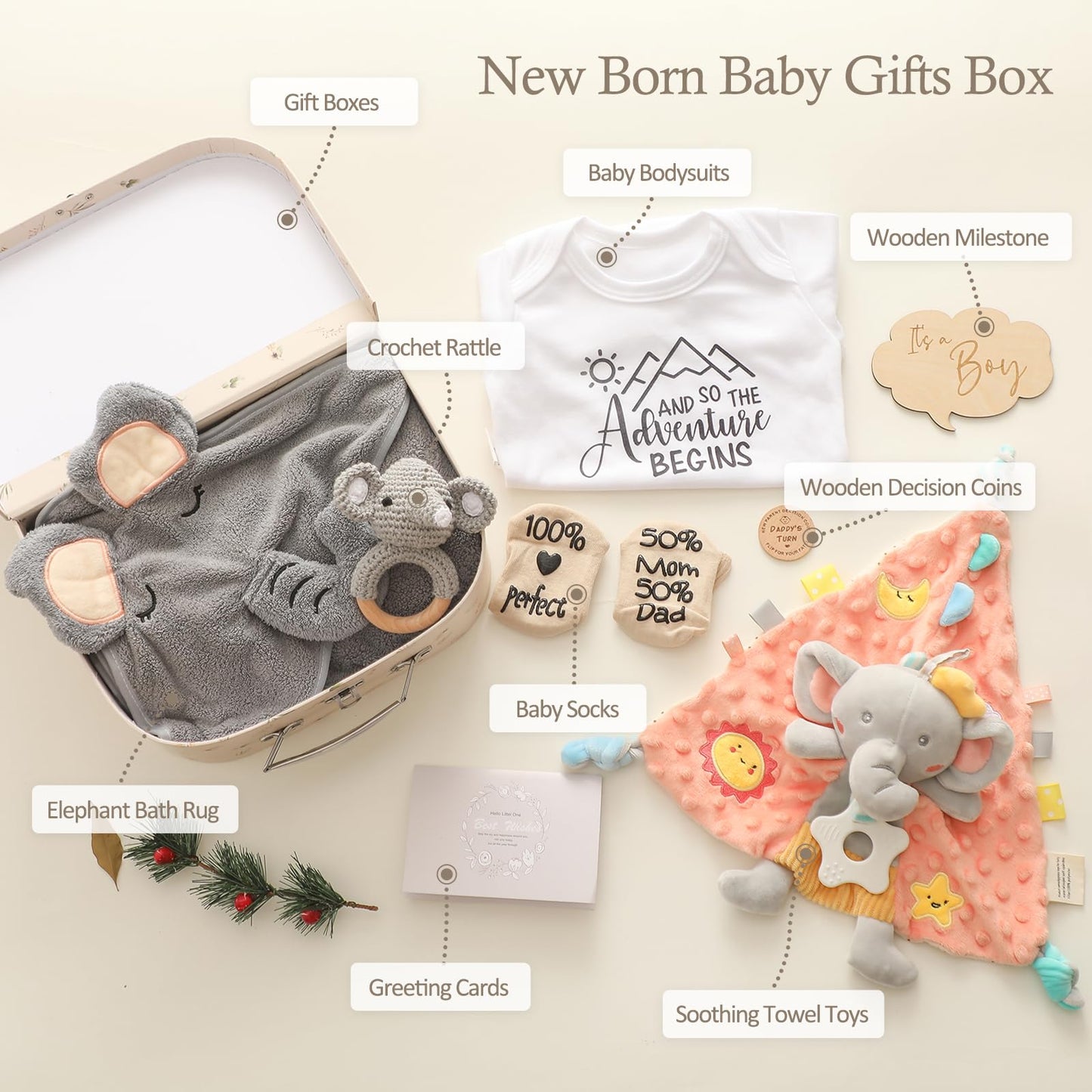 Bopoobo Baby Shower Gifts for Boys - New Born Gifts, Unique Essentials: Onesie, Blanket, Rattle, Lovey, Socks, Decision Coins, Milestone