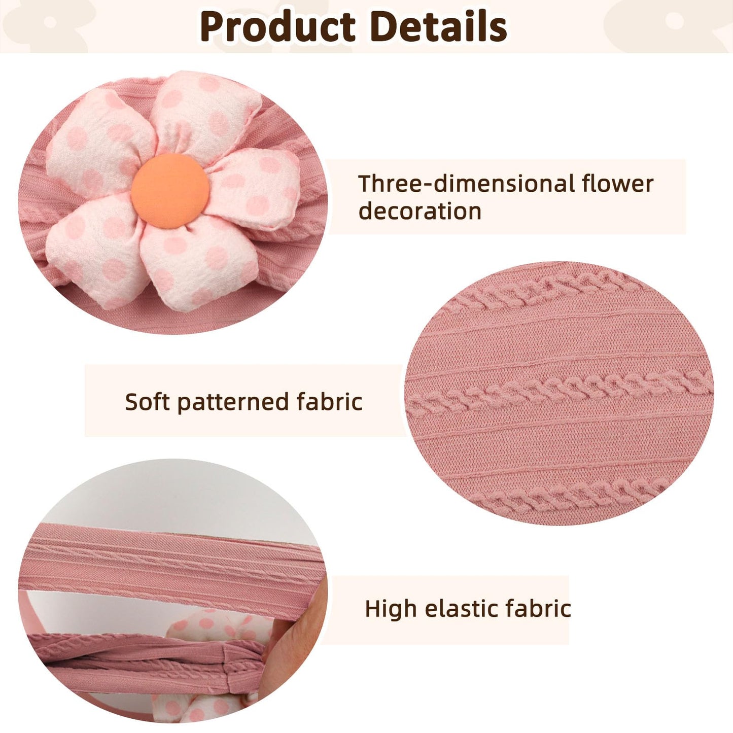 3 Pcs Baby Flower Headbands Baby Girls Nylon Headband Soft Hairbands Hair Accessories for Newborn Infant Toddler Kids (Beige Pink Khaki)