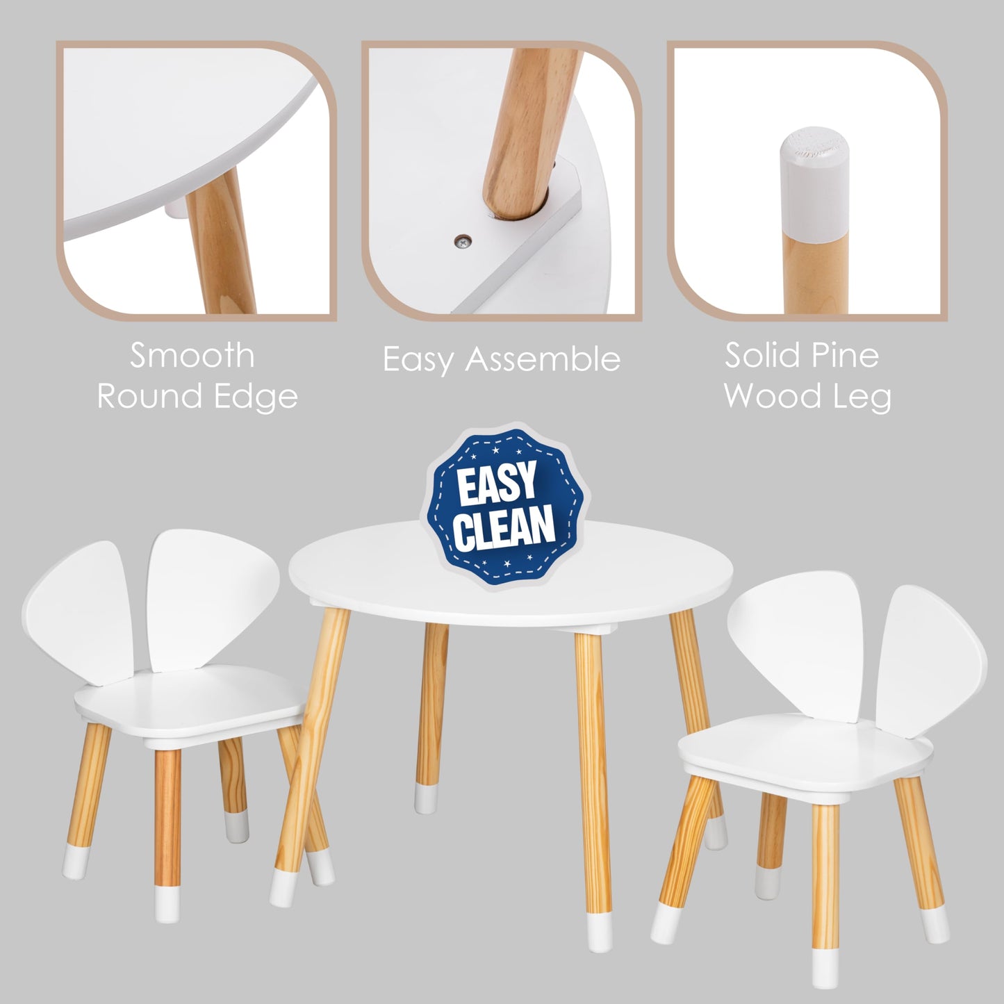 UTEX Kids Wood Table and Chair Set, Kids Play Table with 2 Chairs,3 Pieces Kids Round Table for Toddlers, Girls, Boys,White