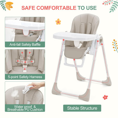 Foldable Baby High Chair with Adjustable Height, 5 Recline Positions & Removable Double Tray - Easy Clean, Space-Saving Infant Highchair for Toddlers, 5-Point Harness & Compact Design