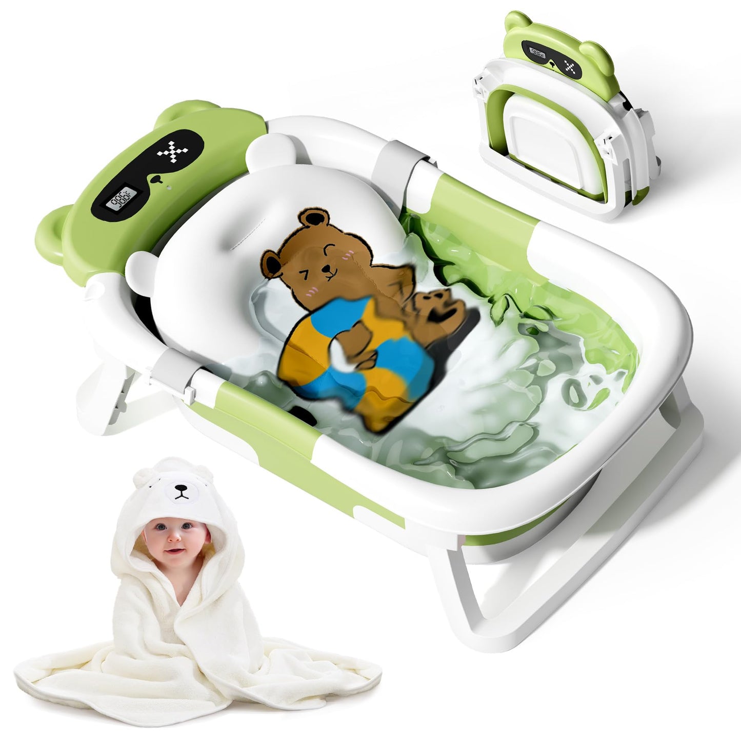 Collapsible Baby Bathtub for Newborn to Toddler (0-18 M) - Portable Baby Tub with Thermometer, Newborn Bathtub with Soft Towel and Floating Cushion (Brown)