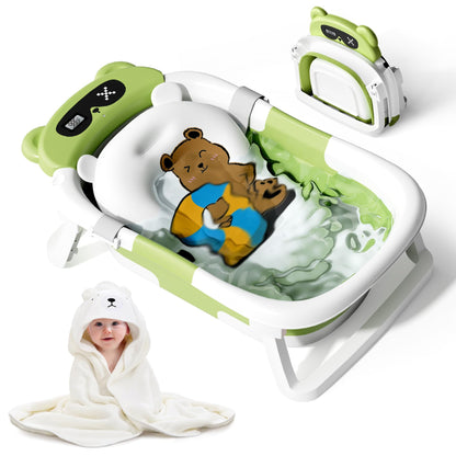 Collapsible Baby Bathtub for Newborn to Toddler (0-18 M) - Portable Baby Tub with Thermometer, Newborn Bathtub with Soft Towel and Floating Cushion (Brown)