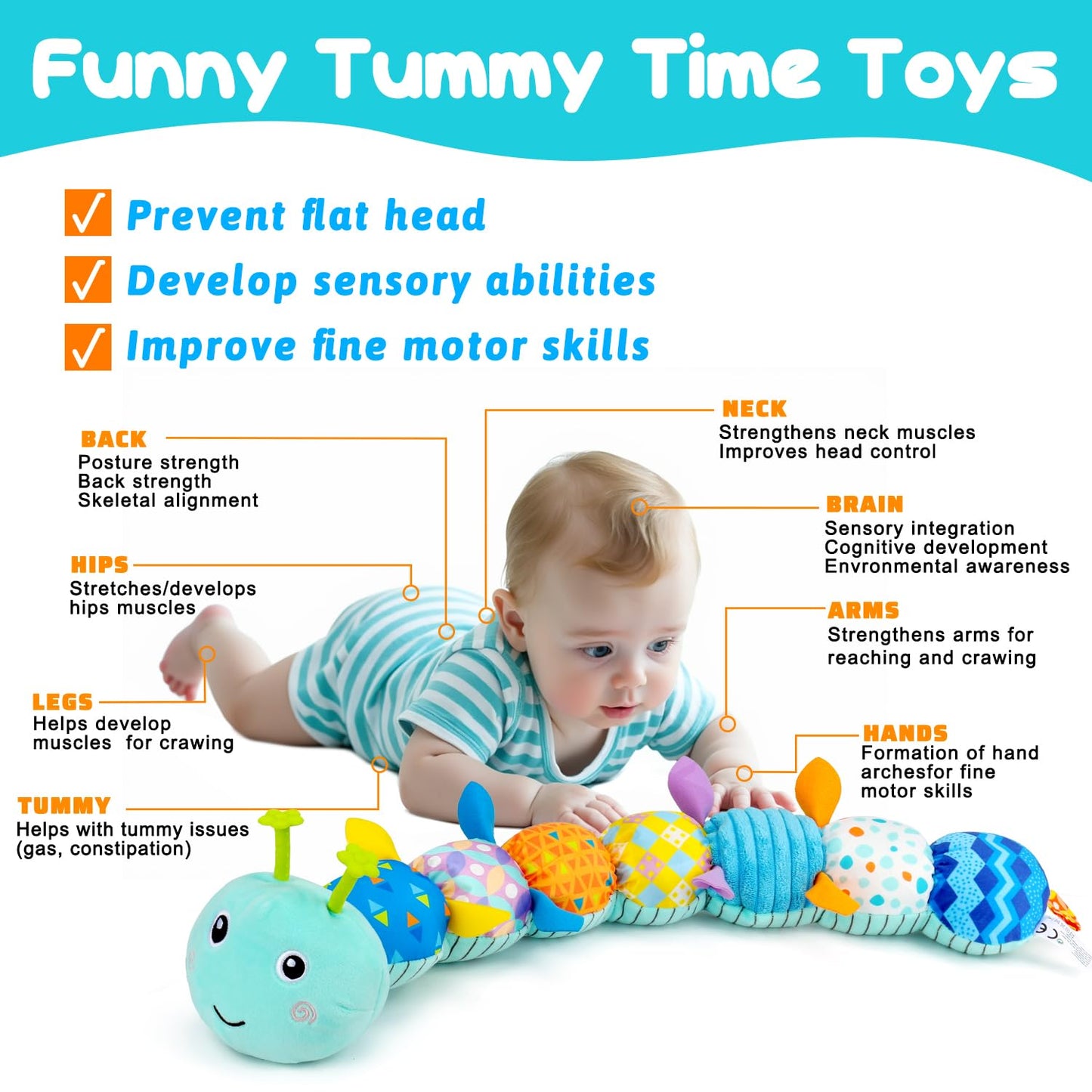Baby Sensory Toy 0-6 Month Music Animal Stuffed Plush Caterpillar Toy for Infant 0-3-6 Month Tummy Time with Baby Mirror Crinkle Rattle for 6-12 Month Carseat Toy for Newborn Boys Girls Shower Gifts