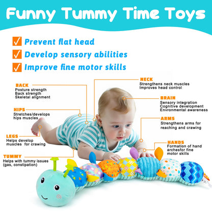Baby Sensory Toy 0-6 Month Music Animal Stuffed Plush Caterpillar Toy for Infant 0-3-6 Month Tummy Time with Baby Mirror Crinkle Rattle for 6-12 Month Carseat Toy for Newborn Boys Girls Shower Gifts