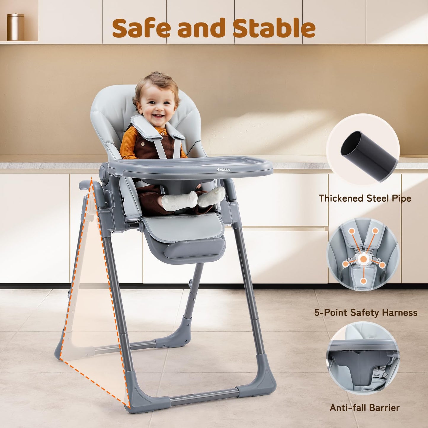 Ezebaby Foldable Baby High Chair – Portable High Chairs for Babies & Toddlers, Adjustable Height & Recline, 5-Point Harness, Removable Tray Baby Feeding Highchair