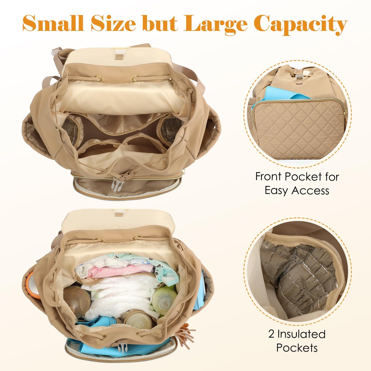 CASIRENA Diaper Bag Backpack, Small Baby Diaper Bag, Stylish Water-Resistant Diaper Backpack for Mom, Cute Travel Baby Bag for Girl Boy with Changing Pad,Stroller Buckles,Insulated Pockets (Khaki)