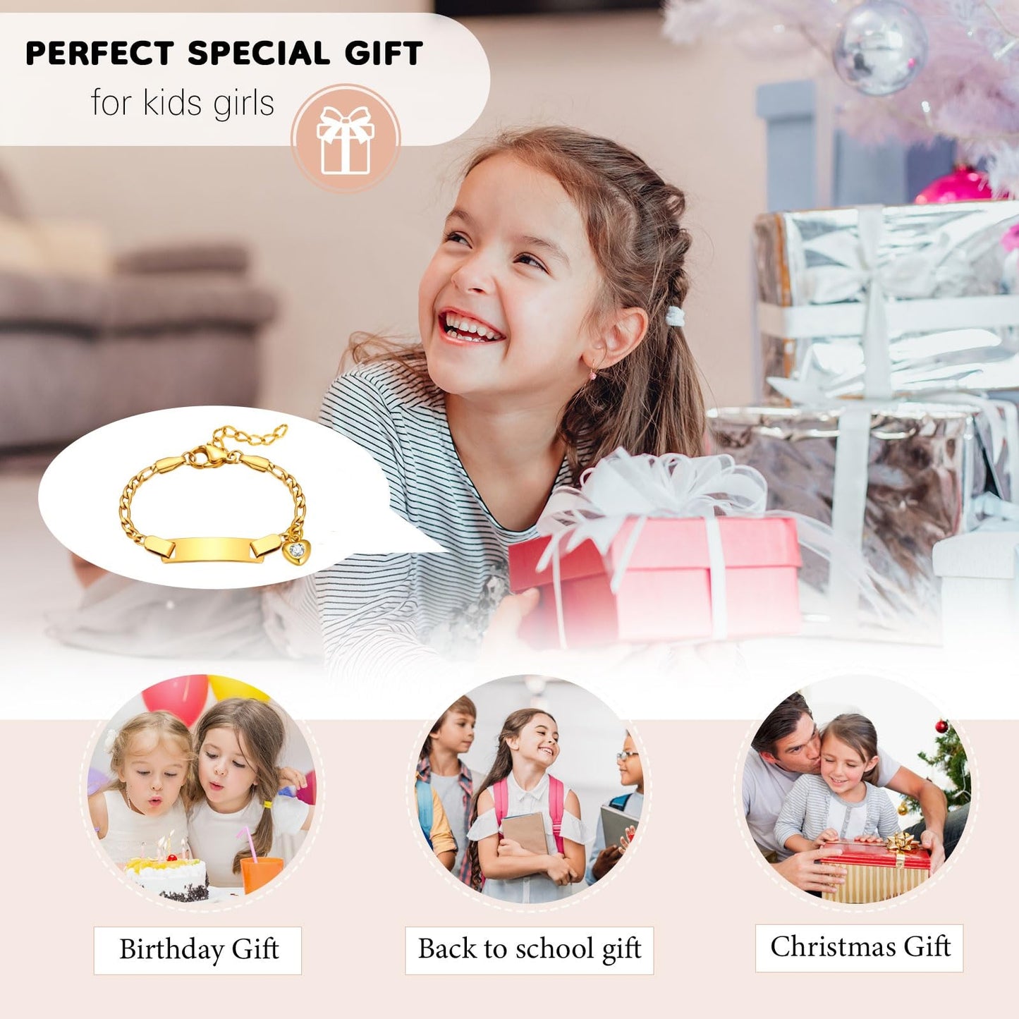 Personalized Baby Name Bar Bracelet: 18K Gold-Plated Custom Engraved ID Kids Charm Bracelets Jewelry Infant Girls Boys Toddler, Birthday Back to School Gifts Preppy Stuff for Daugther Son