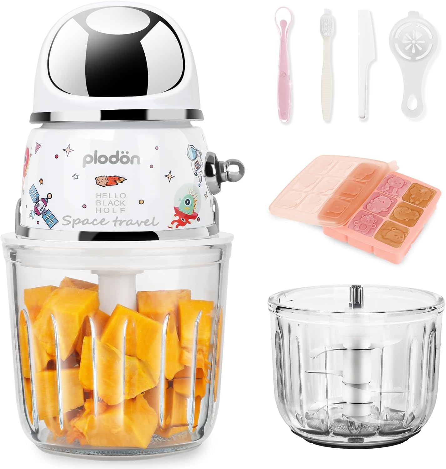 Baby Food Maker Mini Cute and Small Food Processor Puree Blender Grinder Chopper 300ml Cup Glass Bowl with 8 Blade Electric (Spaceman-Blue)
