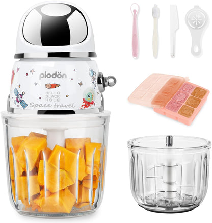 Baby Food Maker Mini Cute and Small Food Processor Puree Blender Grinder Chopper 300ml Cup Glass Bowl with 8 Blade Electric (Spaceman-Blue)