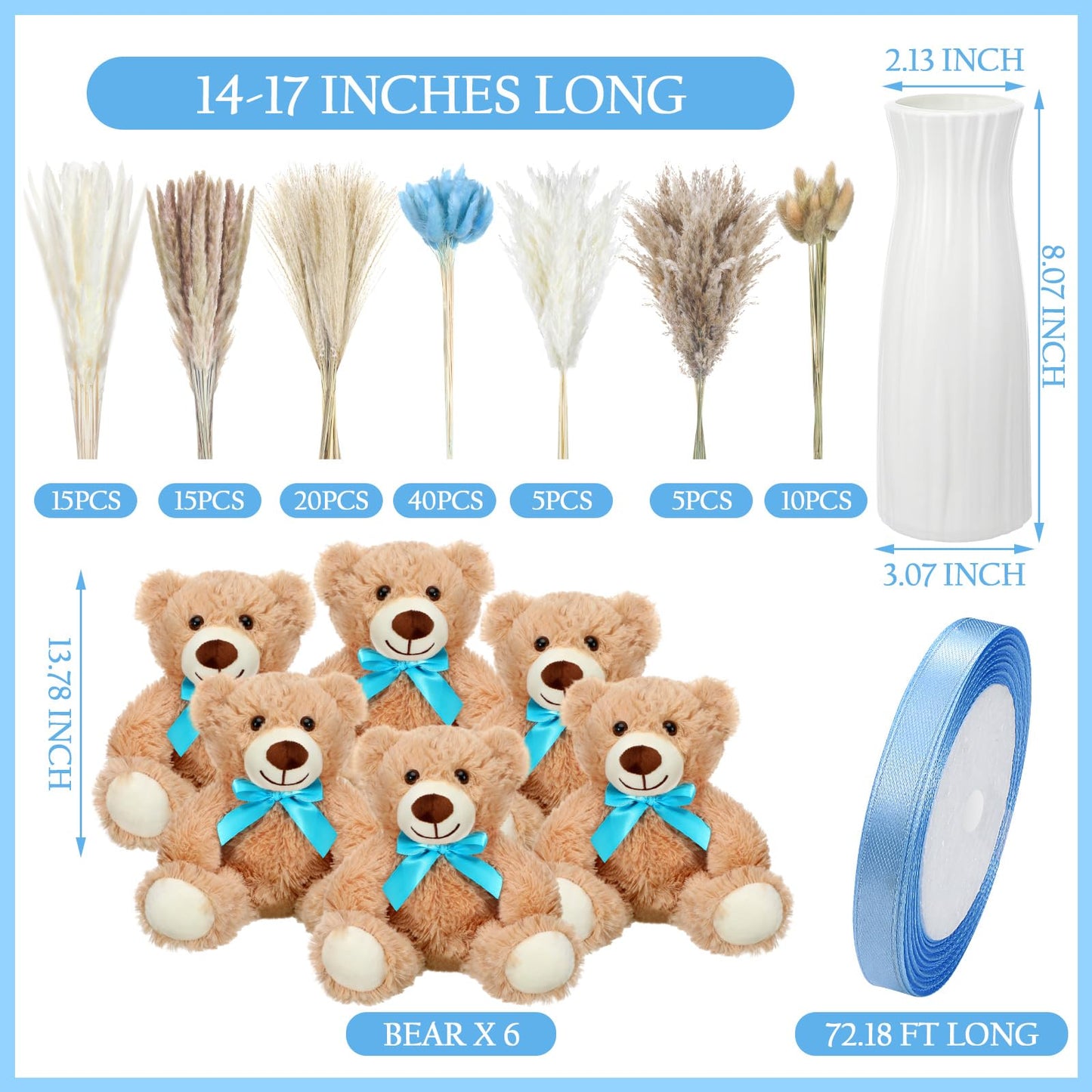 6 Sets 123 Pcs Baby Shower Table Centerpieces Dried Pampas Decor Bear Stuffed Ceramic Look Plastic Vase with Bow for Boho Wedding Bridal Shower Flowers Table Decorations(Brown,Neutral)