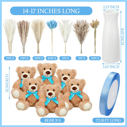 6 Sets 123 Pcs Baby Shower Table Centerpieces Dried Pampas Decor Bear Stuffed Ceramic Look Plastic Vase with Bow for Boho Wedding Bridal Shower Flowers Table Decorations(Brown,Neutral)