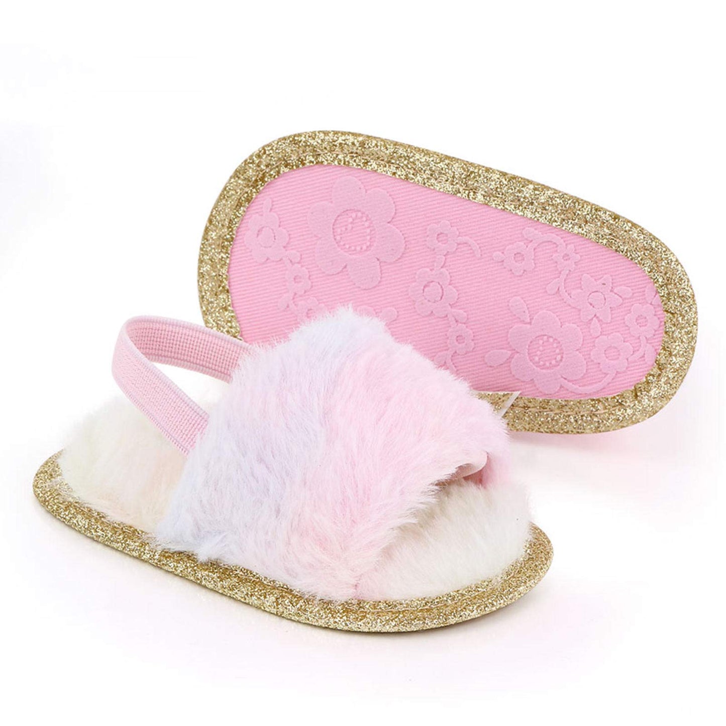 2 Pack Infant Baby Girls Sandals Elastic Back Strap Flats Slippers Soft Toddles Princess Shoes Faux Fur Slides Shoes First Walker House Shoes
