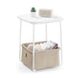 VASAGLE End Table, Small Bedside Table with Fabric Basket, Modern Nightstand, Round Side Table, for Living Room, Bedroom, Matte White and Camel Brown ULET223W10