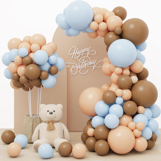 RUBFAC 156pcs Dusty Blue and Brown Balloon Garland Arch Kit, Bear Baby Shower Decoration with Boho Brown Skin Color Blue Balloons for Gender Reveal and Birthday Party Decoration