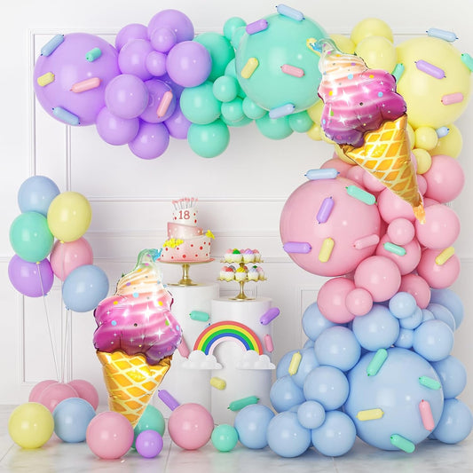 Pastel Balloon Garland Arch Kit, 142pcs Balloons Macaron Rainbow Ice Cream Foil Party for Baby Shower Girls Birthday Theme Decorations Pink Blue White