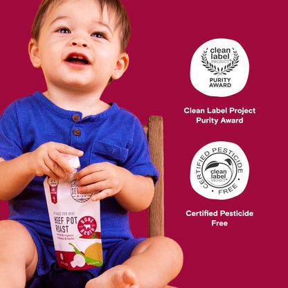 Serenity Kids 7+ Months Bone Broth Puree Made With Organic Veggies - Clean Label Project Purity Award Certified - 3.5 Ounce BPA-Free Pouch - Grass Fed Beef Pot Roast - 12 Count - Baby Food Pouch