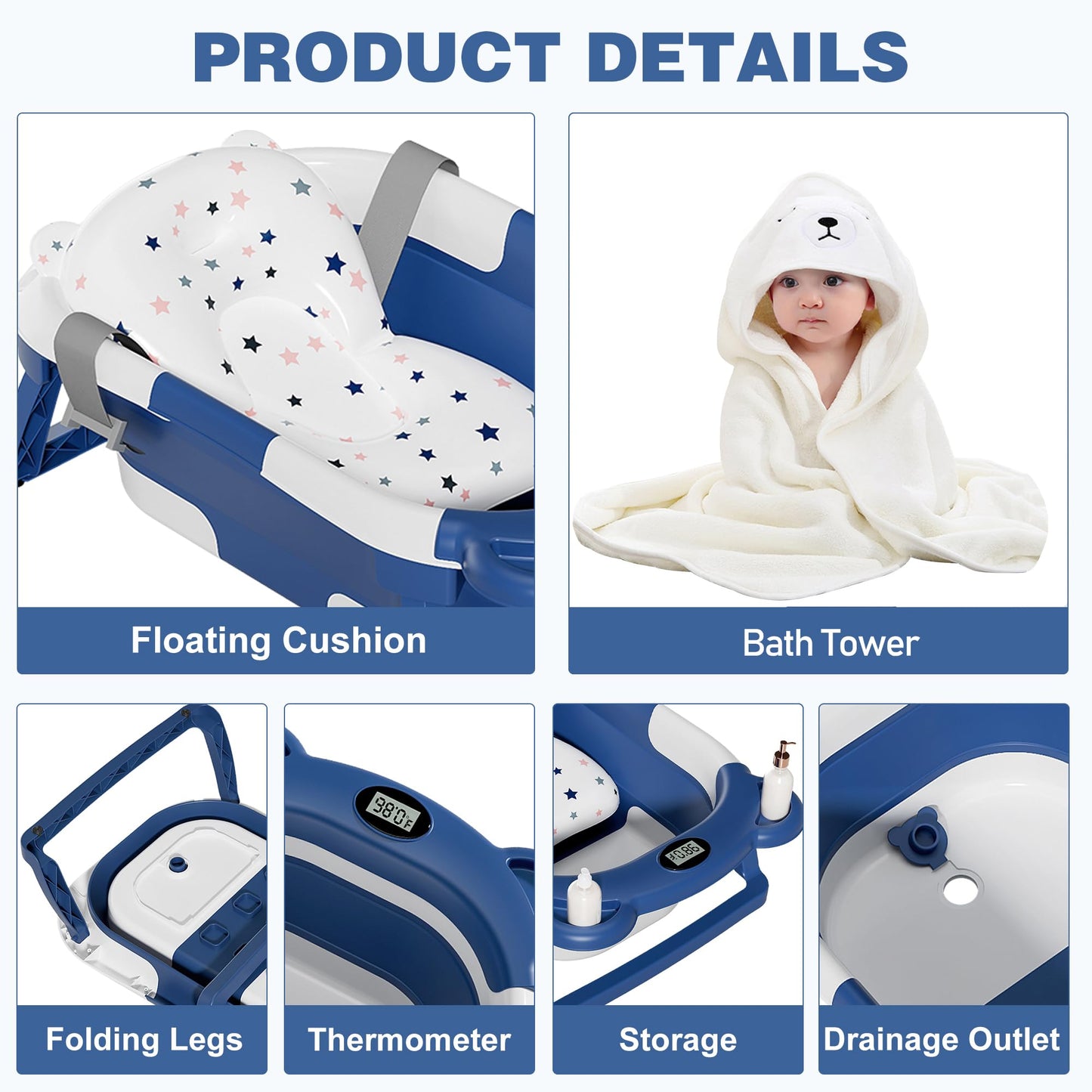 MoreFeel Collapsible Baby Bathtub for Newborn with Thermometer & 1 Hooded Towel & 1 Soft Floating Cushion,Portable Travel Bathtub with Drain Hole, Durable Foldable Baby Tubs for Infants to Toddler