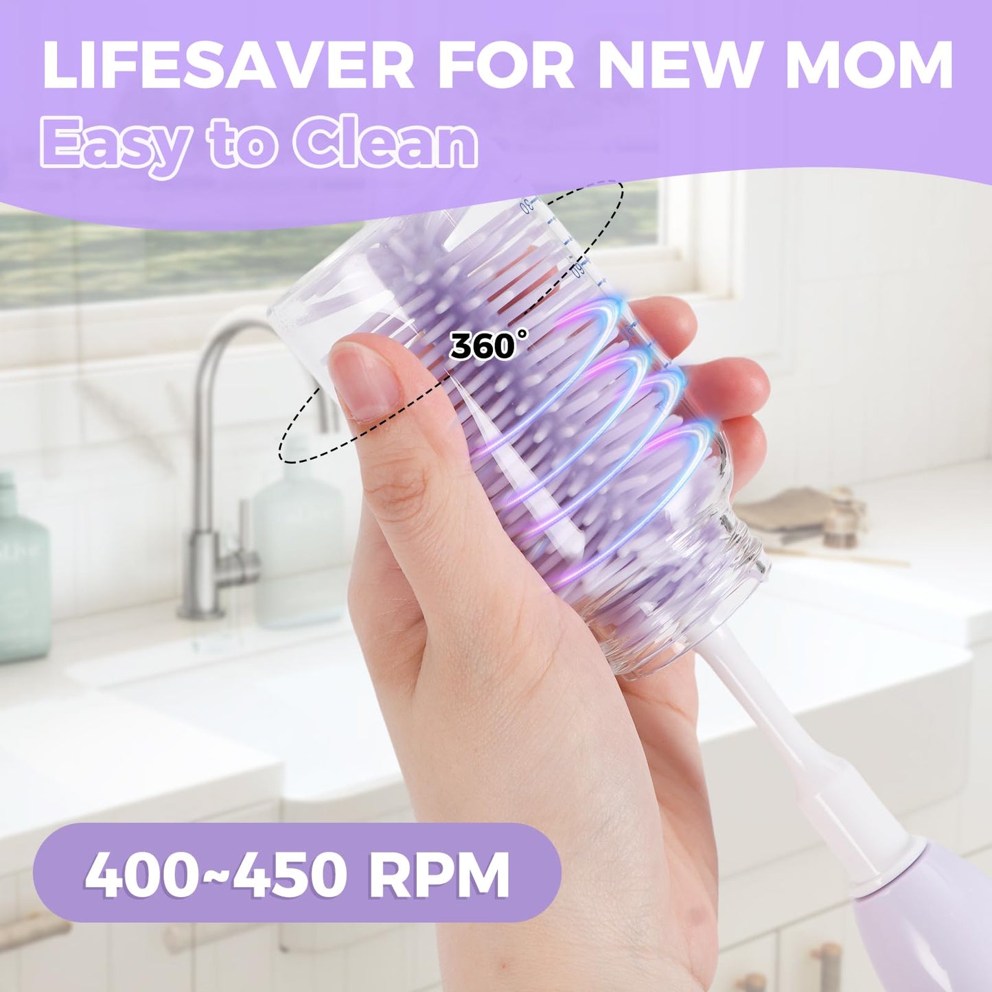 Electric Bottle Brush Cleaner,Rechargable Baby Bottle Brush with Thermometer,Drying Rack,Waterproof Baby Bottle Cleaner with Nipple&Straw Brush,Perfect Essentials Gift for New Mom (Violet)