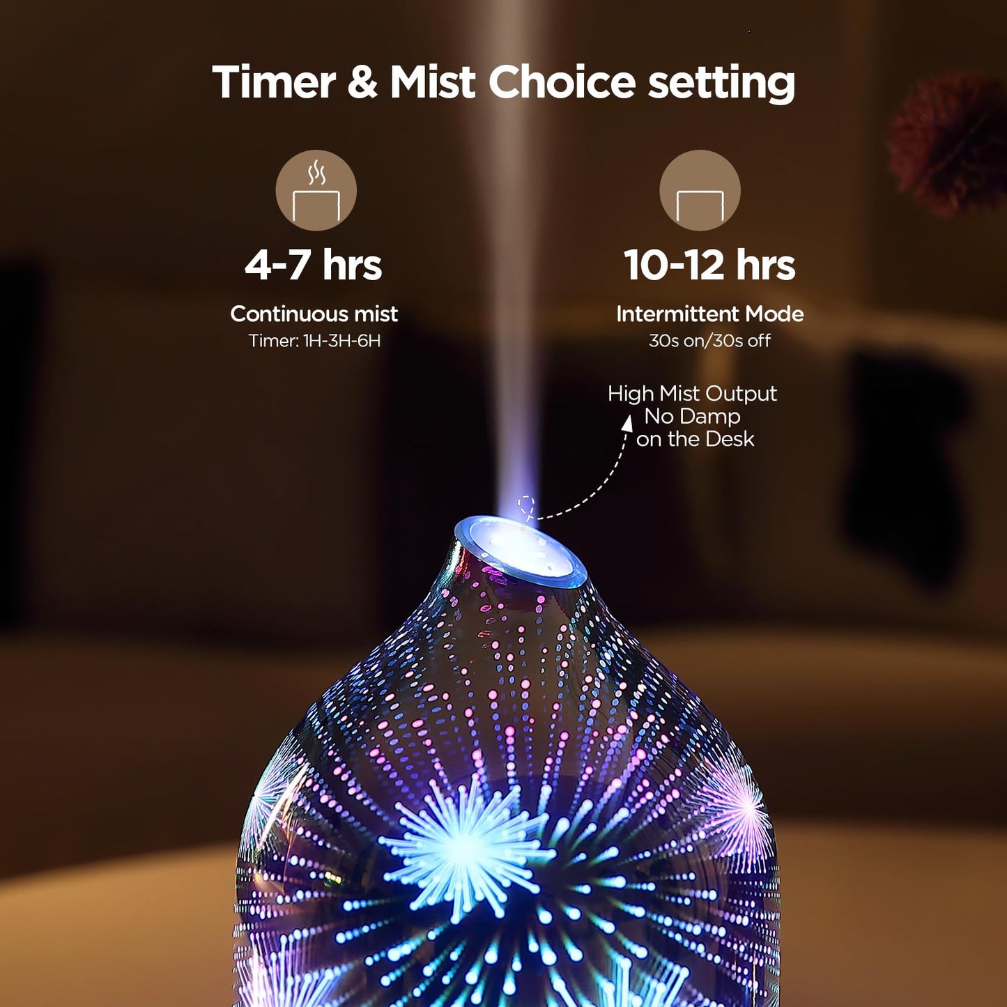 Essential Oil Diffuser Hand Blown Glass Aromatherapy Diffuser - Ultrasonic Cool Mist Scent Aroma Diffuser, Whisper Quiet with Auto Shut-Off, Timer Setting &7 Colors Night Light for Home