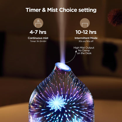 Essential Oil Diffuser Hand Blown Glass Aromatherapy Diffuser - Ultrasonic Cool Mist Scent Aroma Diffuser, Whisper Quiet with Auto Shut-Off, Timer Setting &7 Colors Night Light for Home