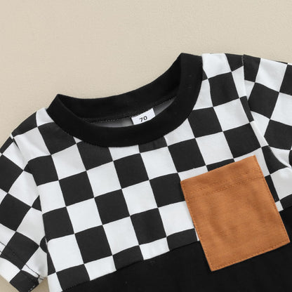 Toddler Baby Boy Summer Clothes Set Short Sleeve Checkered Tops & Shorts Novelty Color Block Outfits