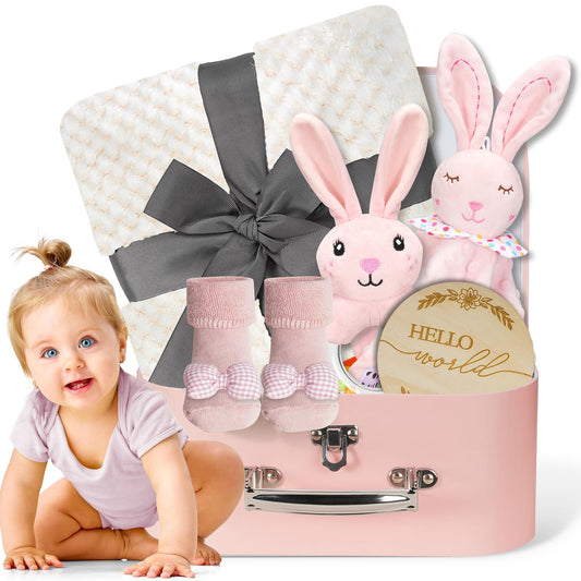 Baby Gift Basket, Newborn Baby Boy Gift Basket, Multiple Pieces Newborn Essentials for New Baby Gifts Basket Set with Baby Blanket, Baby Bunny Rattle, Keepsake Milestone, Elephant Toy, Baby Socks