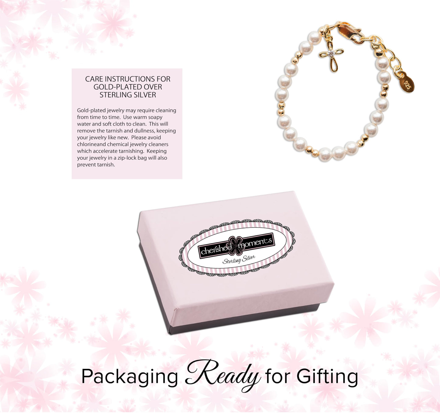 Cherished Moments Children's 14K Gold-plated Bracelet and/or Necklace with High-End Simulated Pearls and Cross Charm for Baptism, Christening or First Communion Gift for Girls