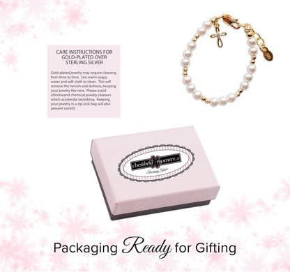 Cherished Moments Children's 14K Gold-plated Bracelet and/or Necklace with High-End Simulated Pearls and Cross Charm for Baptism, Christening or First Communion Gift for Girls