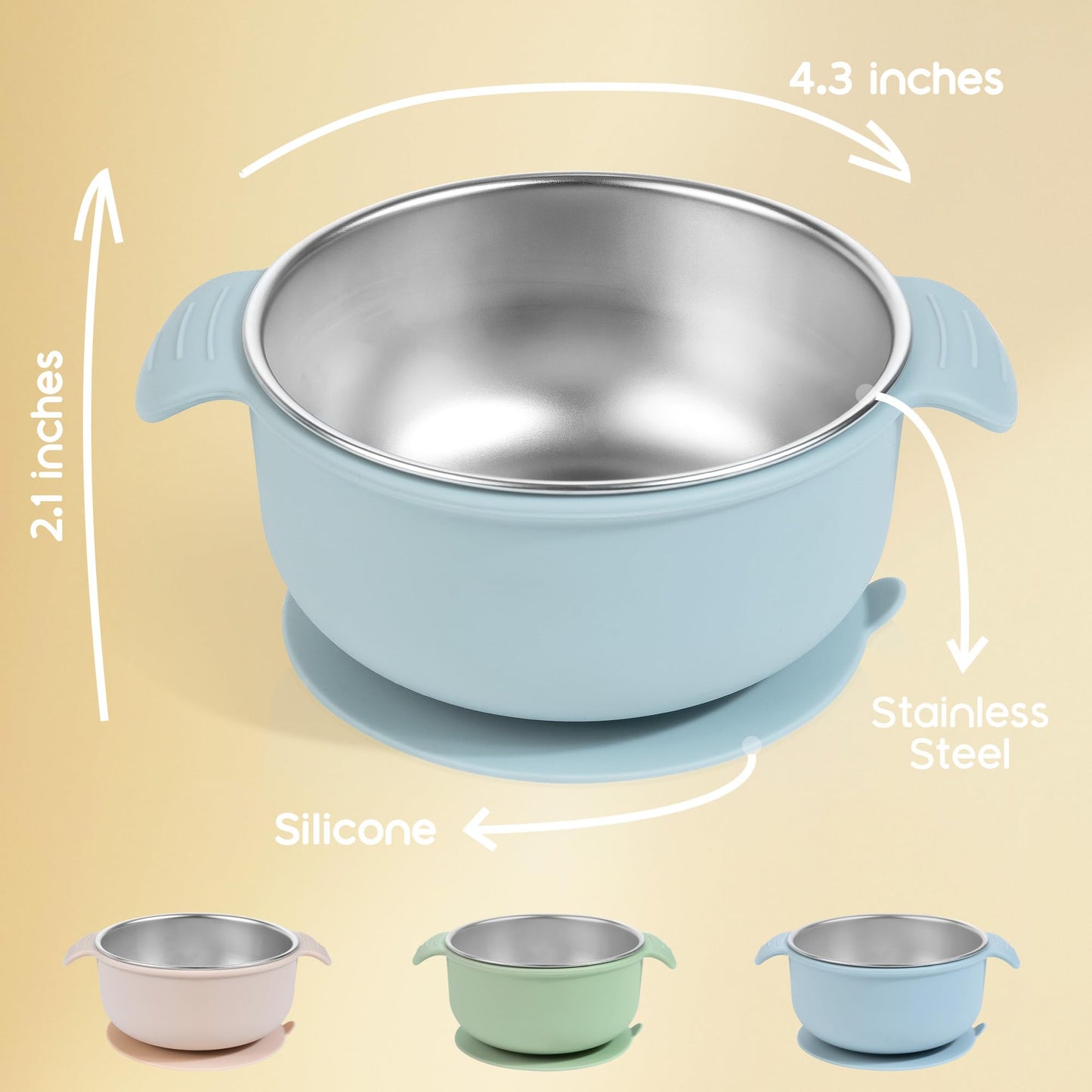 Bella’s Friends Stainless Steel and Silicone Baby Bowls with Suction 3 Pack, 4.3” for Toddlers Kids Feeding, Non-Slip, Non-Toxic, Mess-Free, Dishwasher Safe, Fit High Chair Size, light pink beige pink
