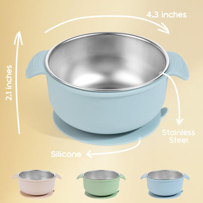 Bella’s Friends Stainless Steel and Silicone Baby Bowls with Suction 3 Pack, 4.3” for Toddlers Kids Feeding, Non-Slip, Non-Toxic, Mess-Free, Dishwasher Safe, Fit High Chair Size, light pink beige pink