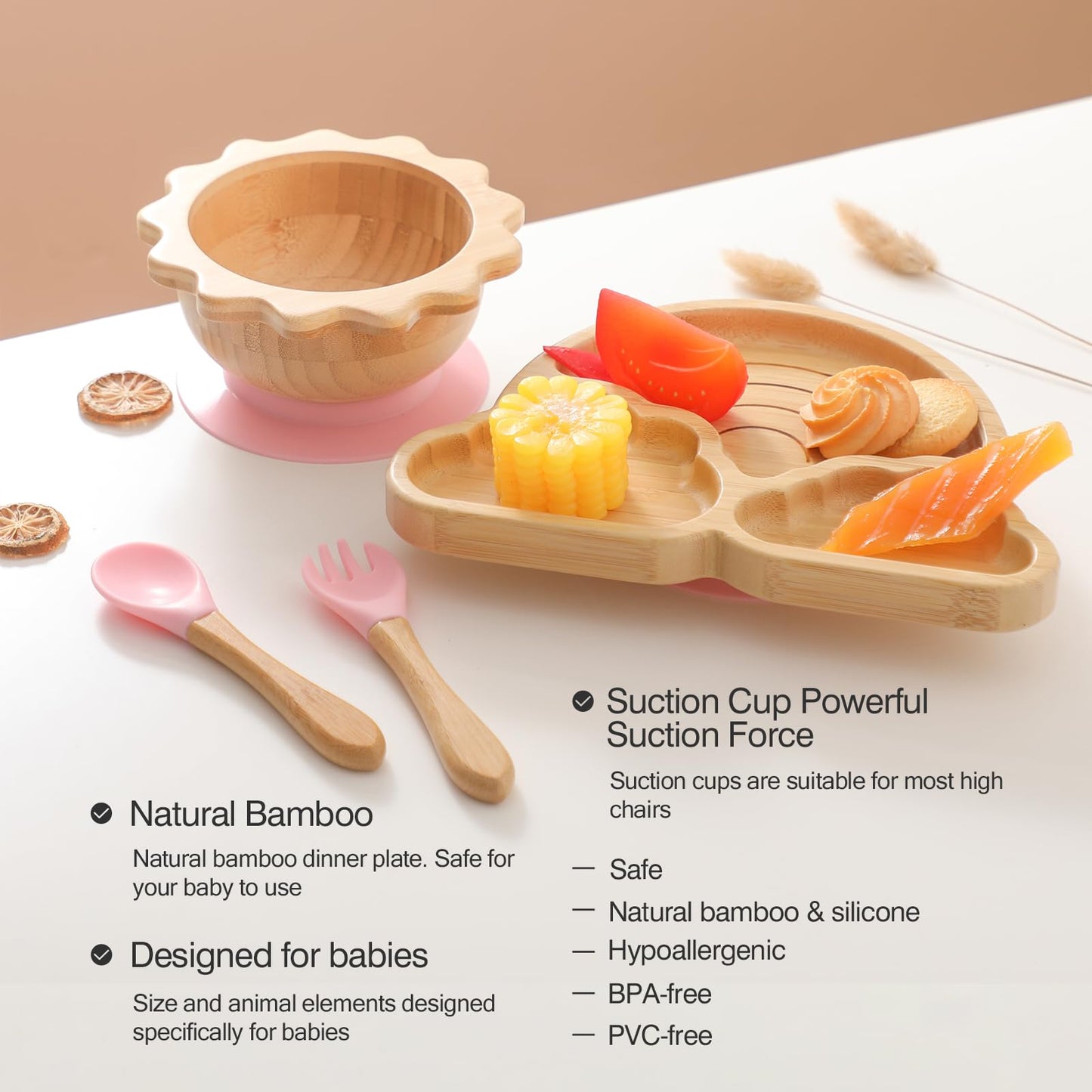 Bamboo Suction Plates Bowls Set for Baby Toddler Divided Platter Food bowl with Silicone Fork & Spoon All-Natural Baby Feeding Set for Baby-Led Weaning, Non-Slip Design