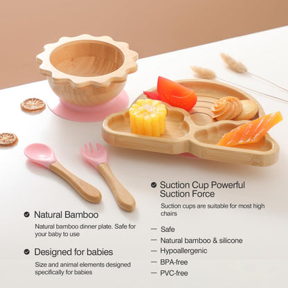 Bamboo Suction Plates Bowls Set for Baby Toddler Divided Platter Food bowl with Silicone Fork & Spoon All-Natural Baby Feeding Set for Baby-Led Weaning, Non-Slip Design