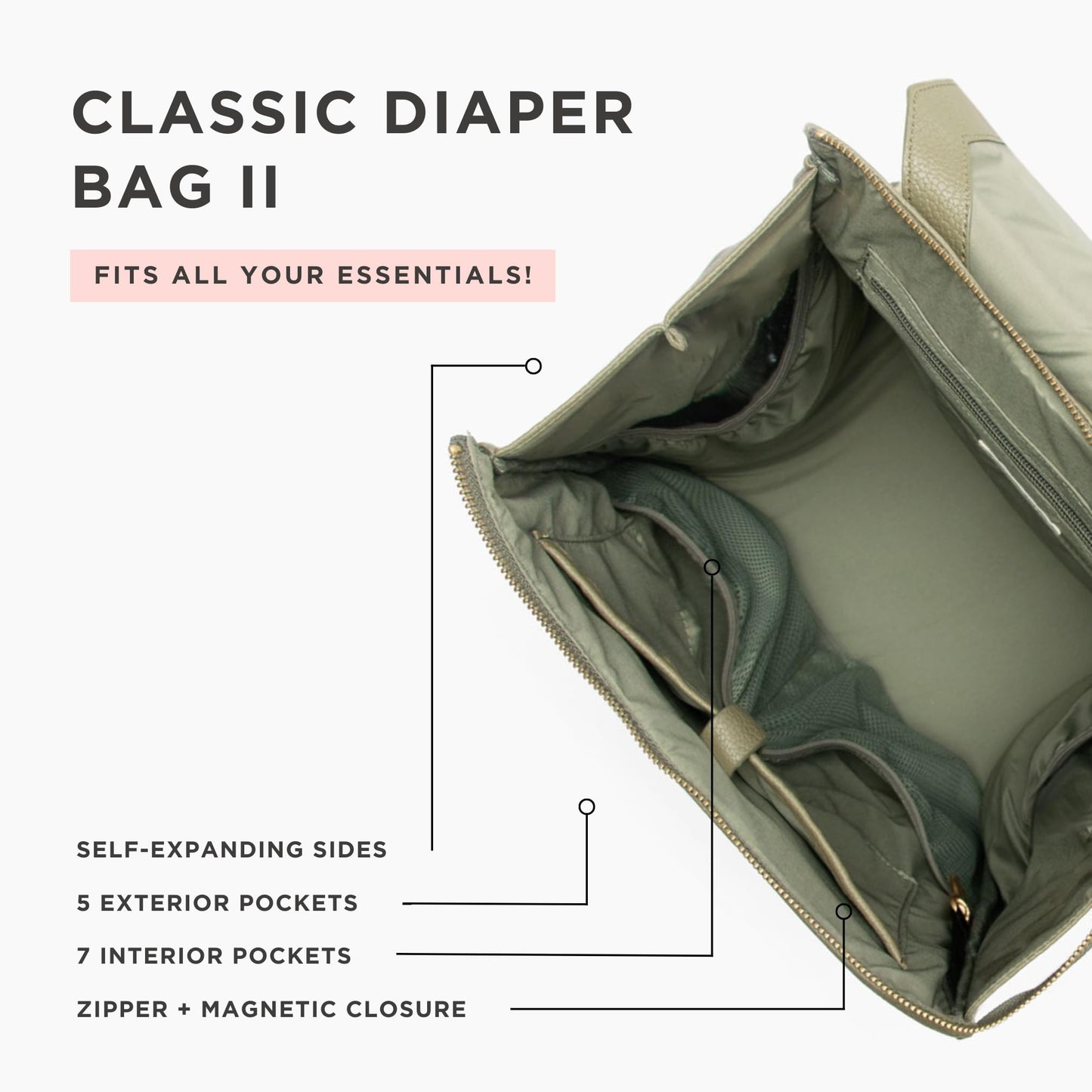 Freshly Picked Classic II Diaper Bag Backpack, Wipeable Vegan Leather With Changing Pad (Sage Green V2)