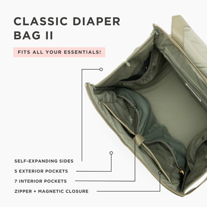 Freshly Picked Classic II Diaper Bag Backpack, Wipeable Vegan Leather With Changing Pad (Sage Green V2)