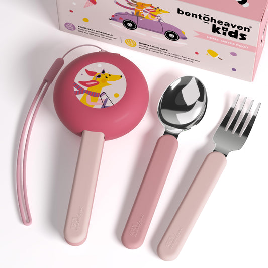 Bentoheaven Kids Travel Utensils with Case, Food-Grade Stainless Steel & BPA-Free Plastic, Travel Cutlery Set, Dishwasher Safe Fork, Spoon & Case, Reusable Flatware, Silverware for Kids (Horse)