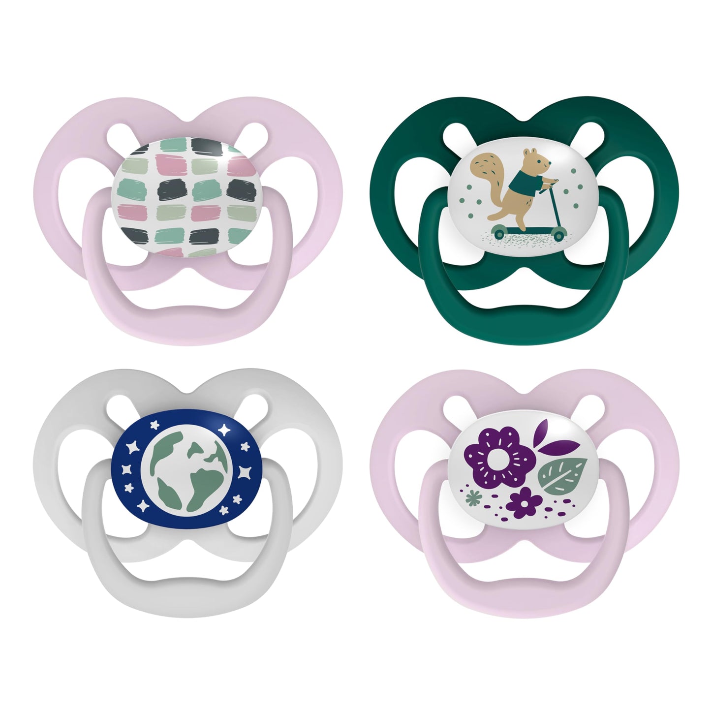 Dr. Brown's Advantage Glow-in-the-Dark Baby Pacifier, Fully Symmetrical Soother with Soft Silicone Bulb, Scooter Squirrel-Purple Nature, 6-18m, BPA Free, 4 Pack