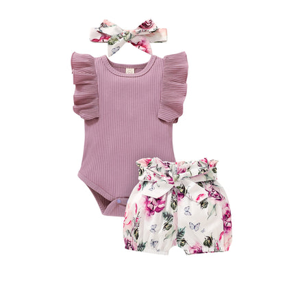 Tiny Cutey Baby Girl Clothes Infant Summer Outfits Set Ruffle Sleeve Romper and Floral Shorts with Headband