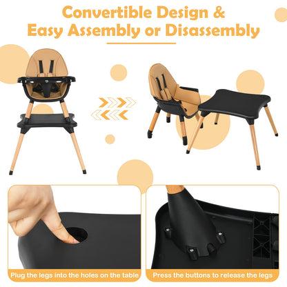 BABY JOY 6 in 1 High Chair, Convertible High Chairs for Babies and Toddlers/Booster Seat/Table and Chair Set, Infant Wooden Highchair w/ 5-Point Harness, 4-Position Removable Tray & PU Cushion, Coffee