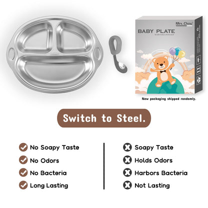 Mrs. Chou® Stainless Steel Baby Suction Plates Divided Designed for Babies and Toddlers, Made of 100% Food-Grade Materials Ideal for Baby-Led Weaning BPA-Free Toddler Feeding Supplies Dishwasher Safe