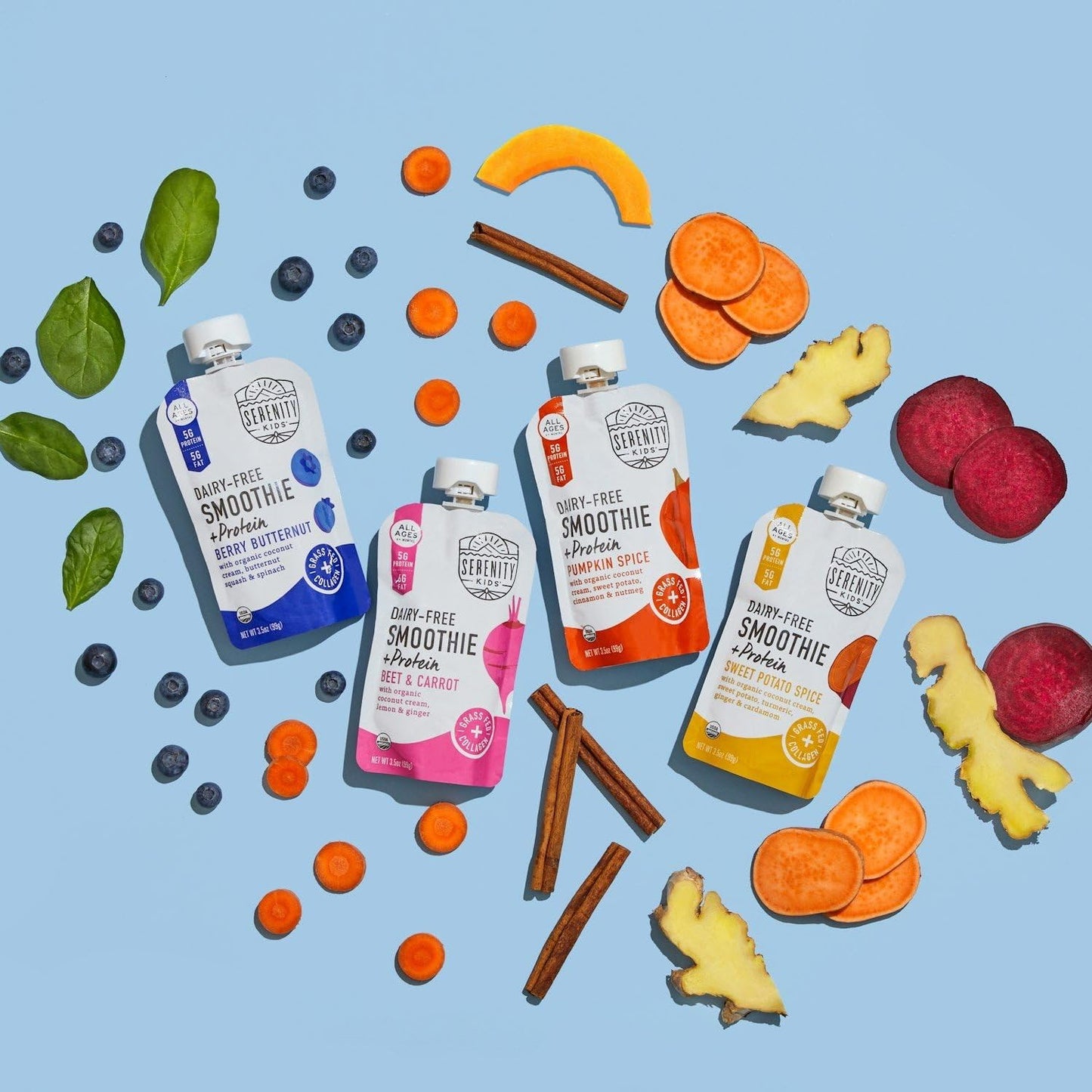Serenity Kids 6+ Months Dairy-Free Smoothie Baby Food | USDA Organic | Grass Fed Collagen Protein | 3.5 Ounce BPA-Free Pouch | Berry Butternut | 12 Count