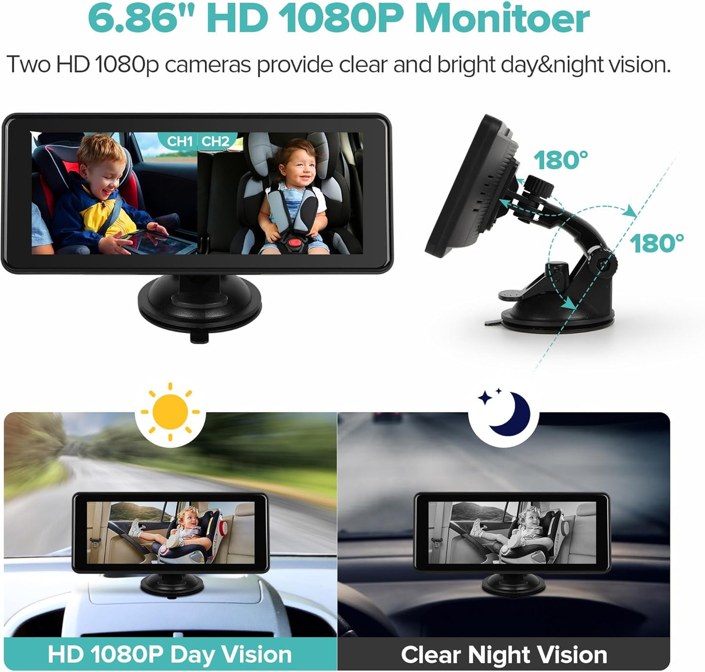 Baby Car Camera Backseat,6.86" Display Monitor,HD 1080P,Clear Wide View,IR Night Vision,Rear Facing Seat Camera for 2-Kids
